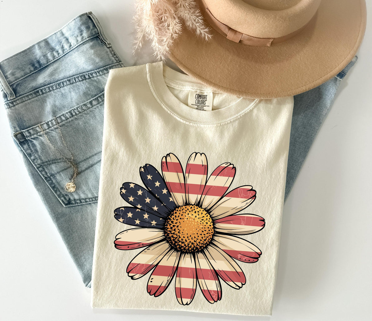 Comfort Colors® Floral USA Flag T-Shirt, Vintage Independence Day Tee, Boho American Woman Gift
