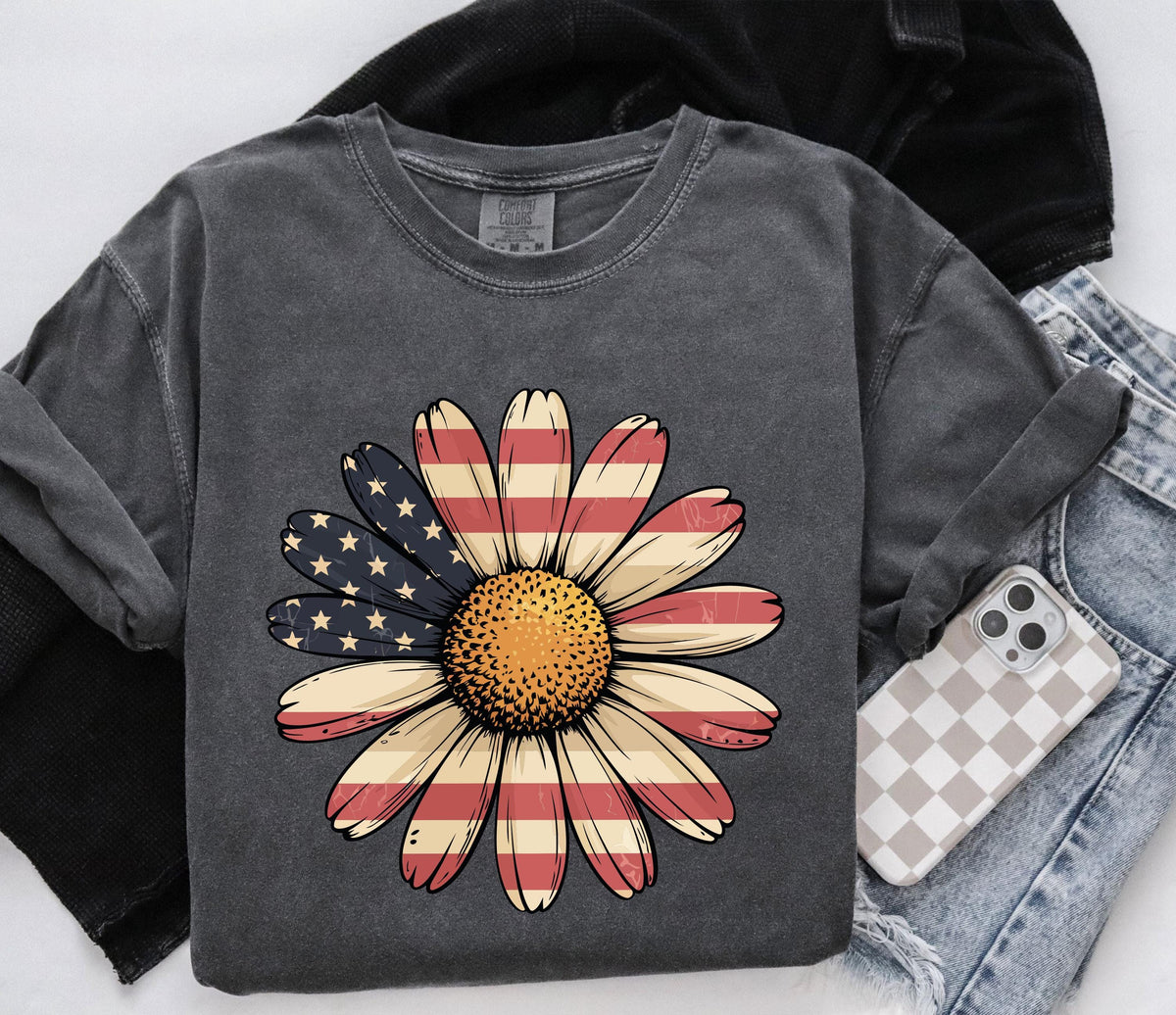 Comfort Colors® Floral USA Flag T-Shirt, Vintage Independence Day Tee, Boho American Woman Gift