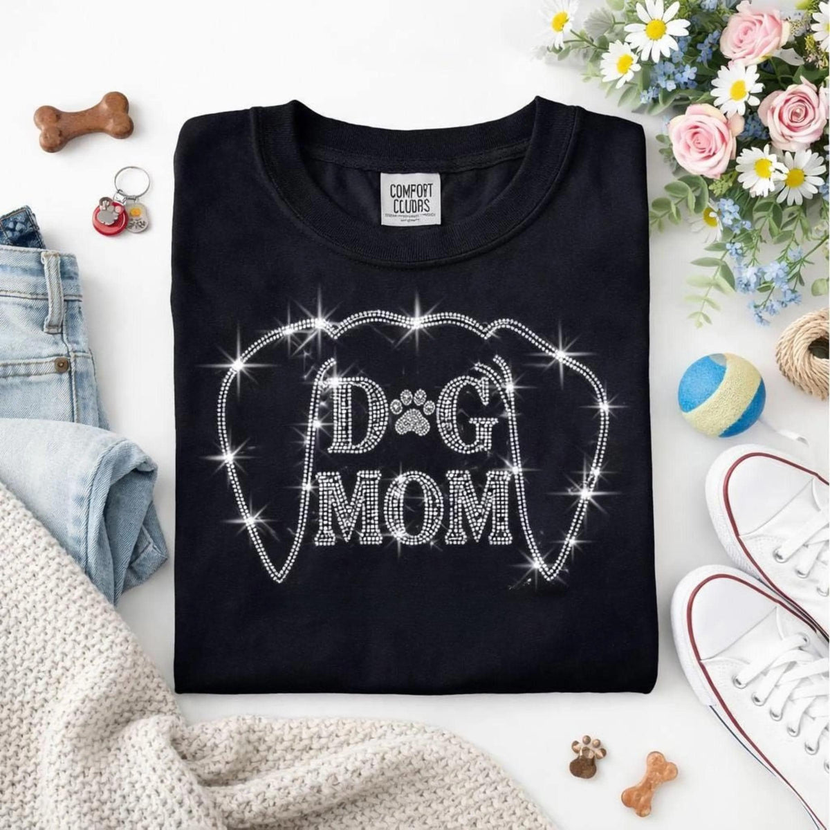 Custom Dog Mom Rhinestone Comfort Colors® Shirt, Cute Pet Lovers T-shirt, Personalized Dog Design Tee, Aesthetic Dog Mama Gift