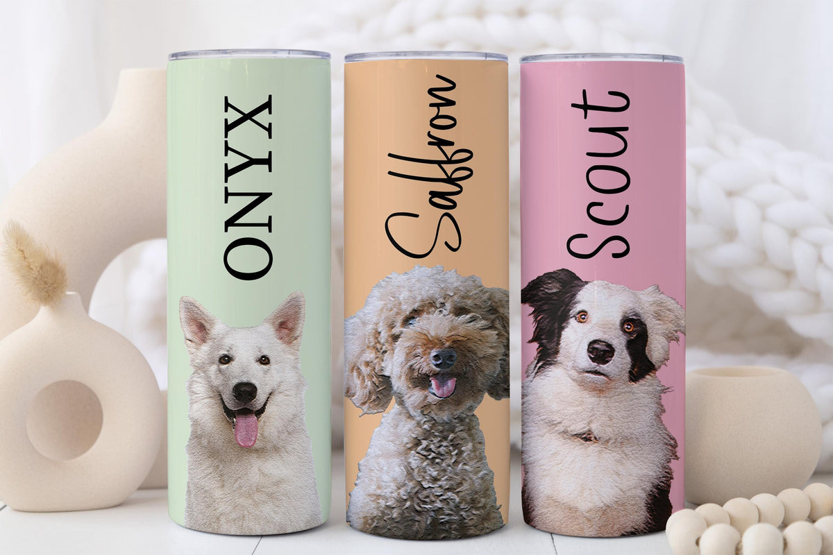 Custom Dog Photo & Name Tumbler, Pet Portrait Travel Cup, Personalized Dog Mom Gift Mug, Pet Paw Print Heart Pattern Skinny Tumblers