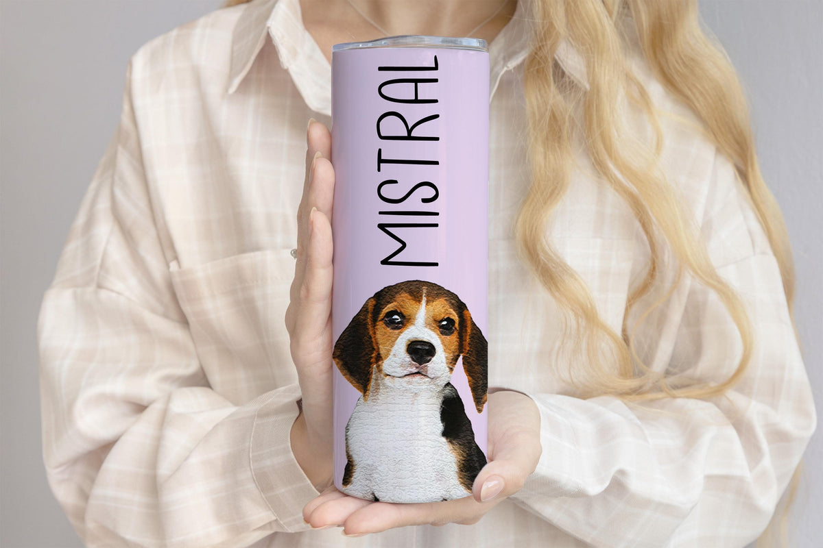 Custom Dog Photo & Name Tumbler, Pet Portrait Travel Cup, Personalized Dog Mom Gift Mug, Pet Paw Print Heart Pattern Skinny Tumblers