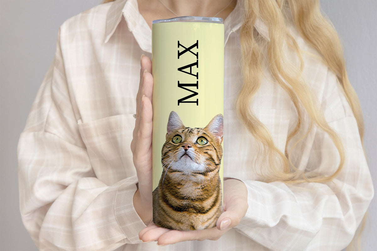 Custom Dog Photo & Name Tumbler, Pet Portrait Travel Cup, Personalized Dog Mom Gift Mug, Pet Paw Print Heart Pattern Skinny Tumblers