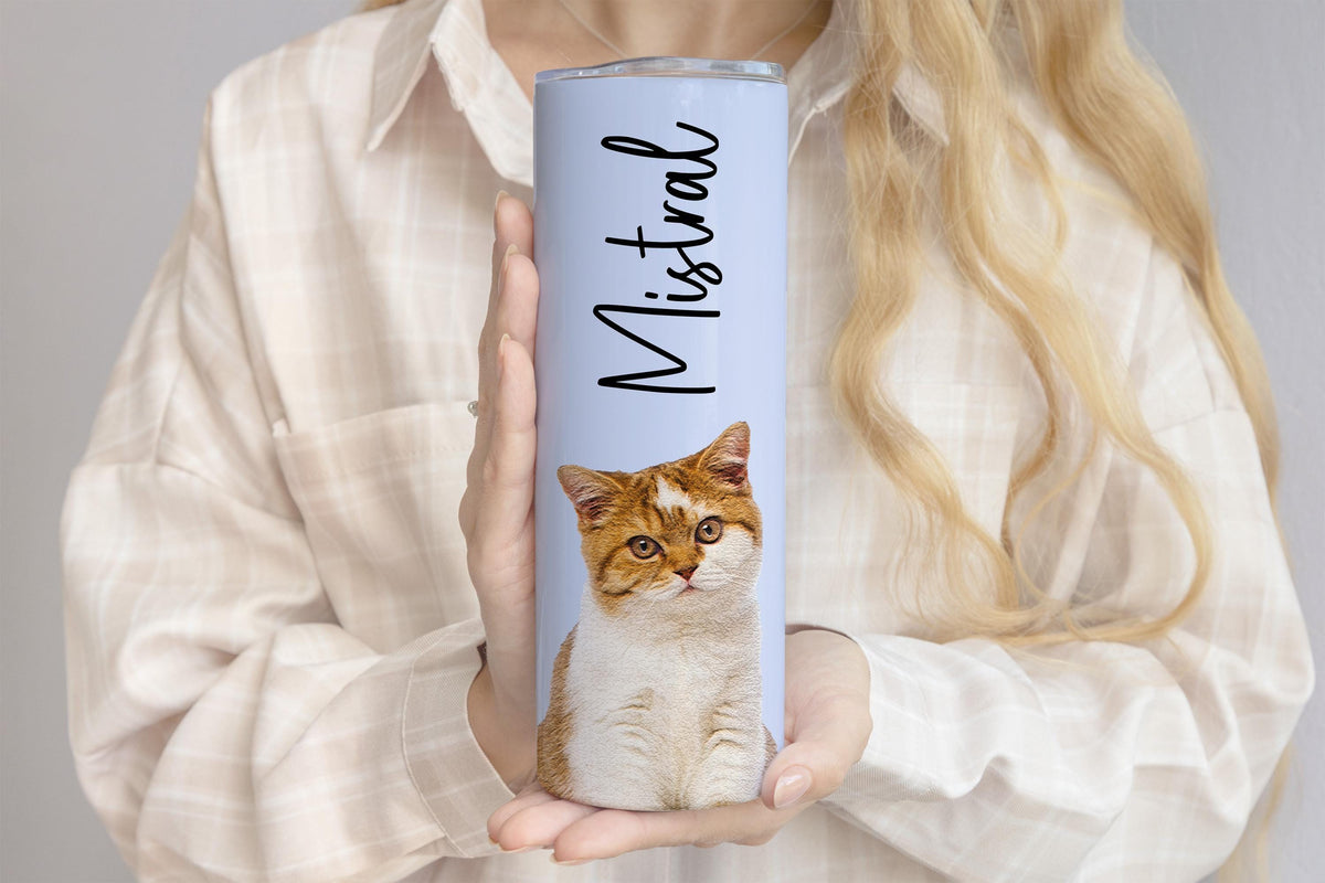 Custom Dog Photo & Name Tumbler, Pet Portrait Travel Cup, Personalized Dog Mom Gift Mug, Pet Paw Print Heart Pattern Skinny Tumblers