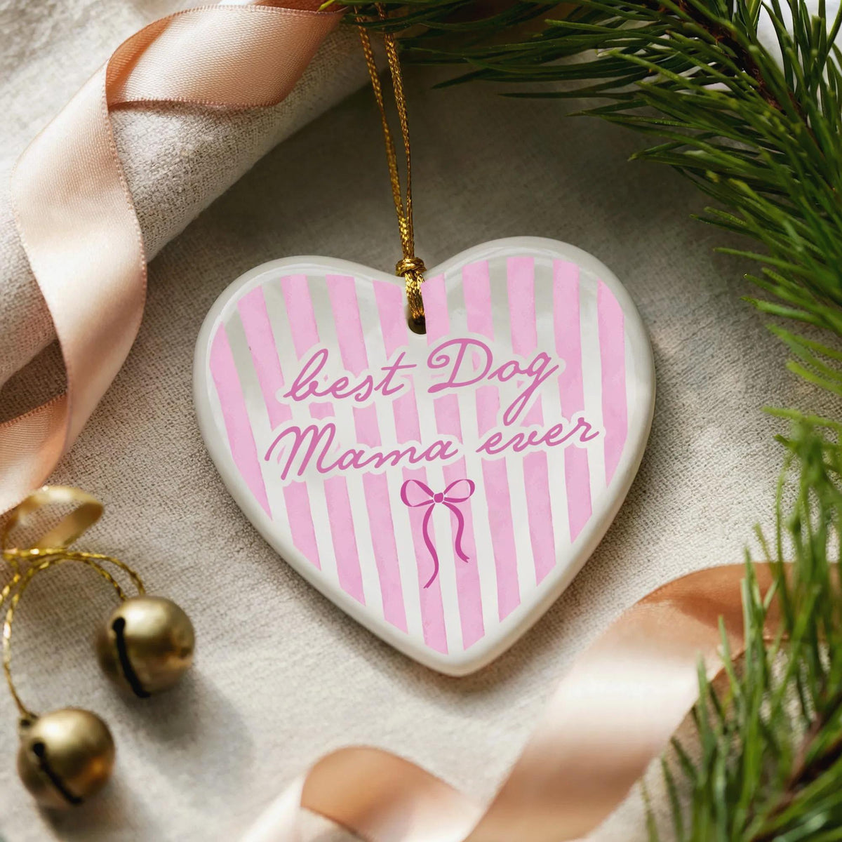 Best Dog Mama Ever Ornament, Coquette Dog Mom Ceramic Heart, Striped Pet Owner Gift, Preppy Dog Lover Bauble, Mother's Day Present