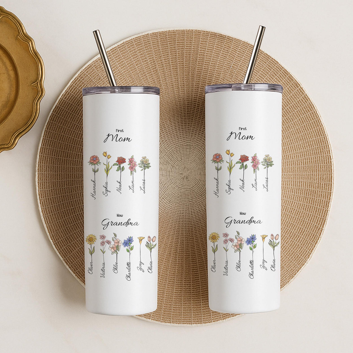 Personalized Birth Flower Grandma Tumbler, Custom Floral Names Travel Mug