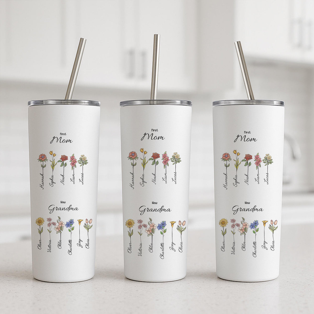 Personalized Birth Flower Grandma Tumbler, Custom Floral Names Travel Mug