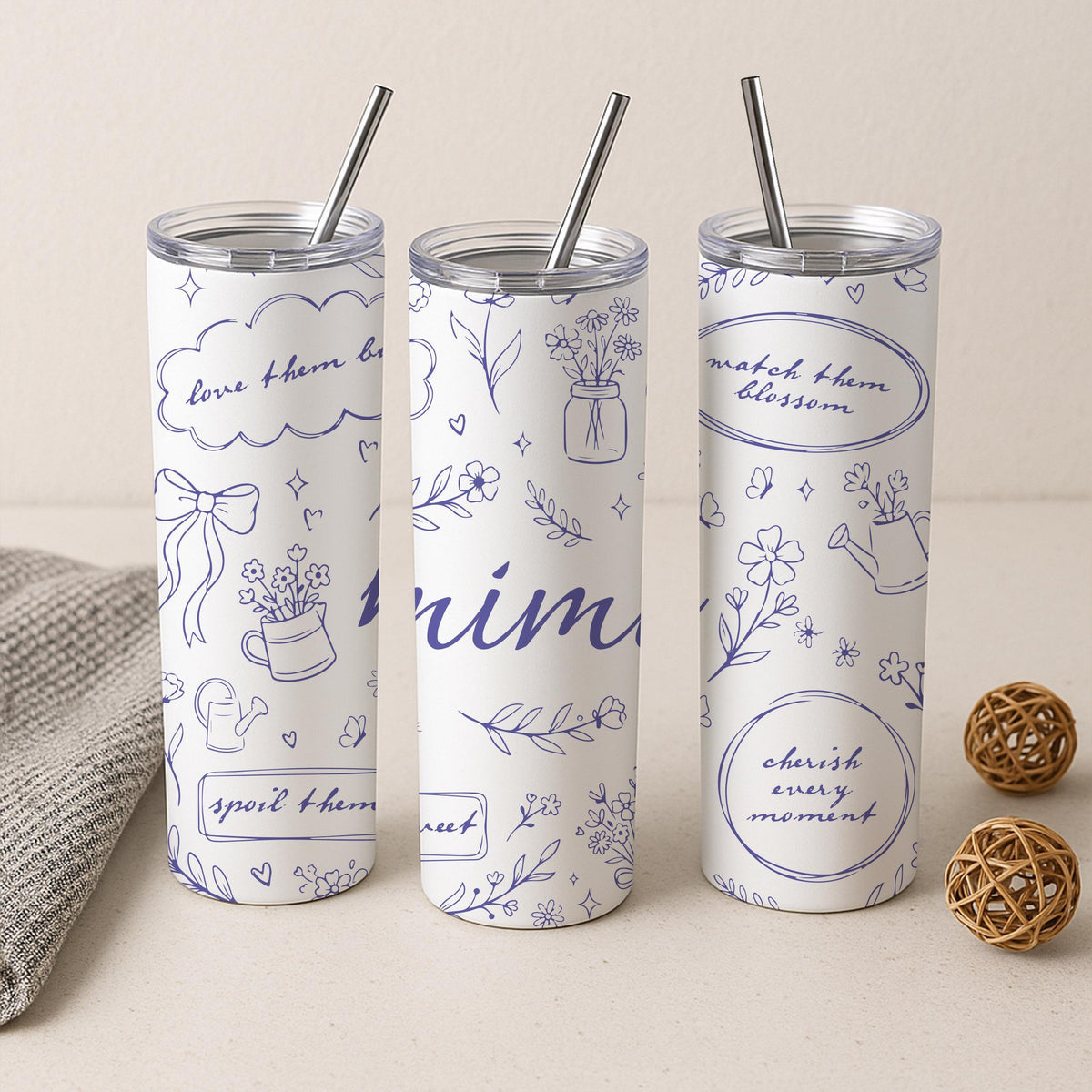 Mimi Floral Stainless Steel Tumbler, Insulated Travel Mug with Straw
