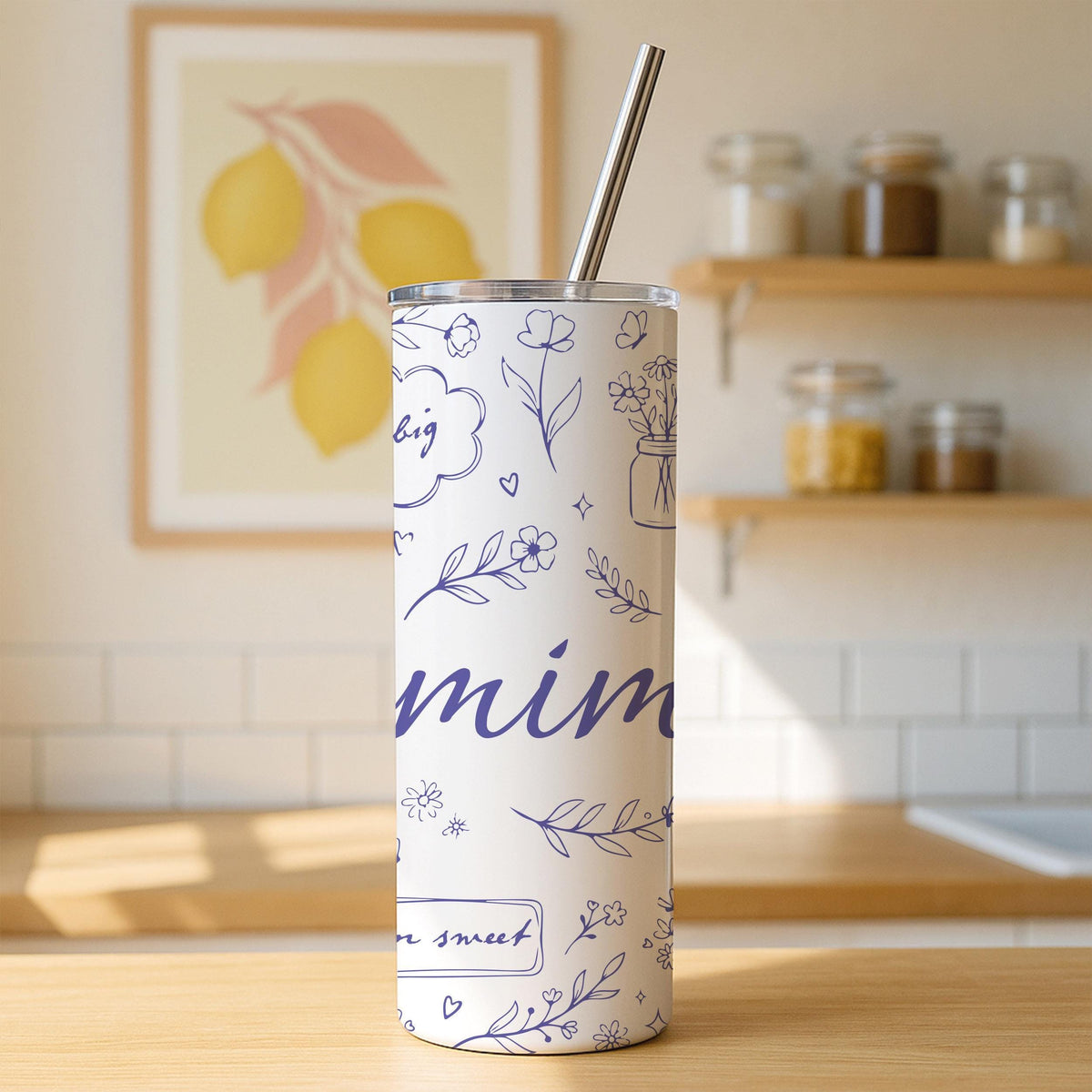 Mimi Floral Stainless Steel Tumbler, Insulated Travel Mug with Straw