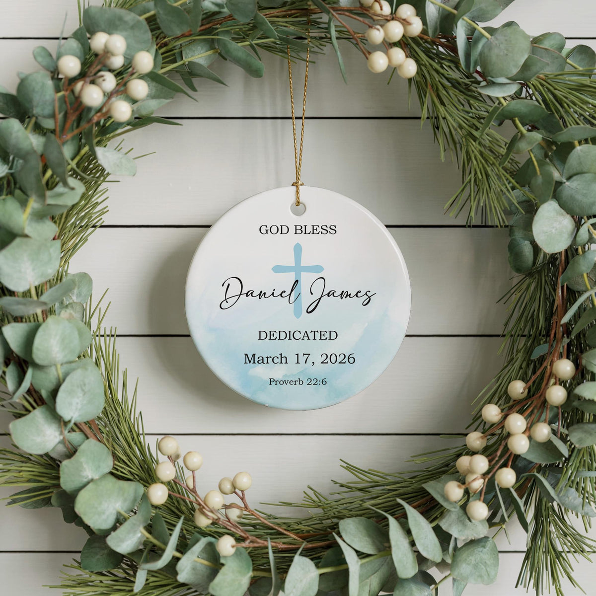Custom Boy's Dedication Ornament, Religious God Bless Ceramic Ornament