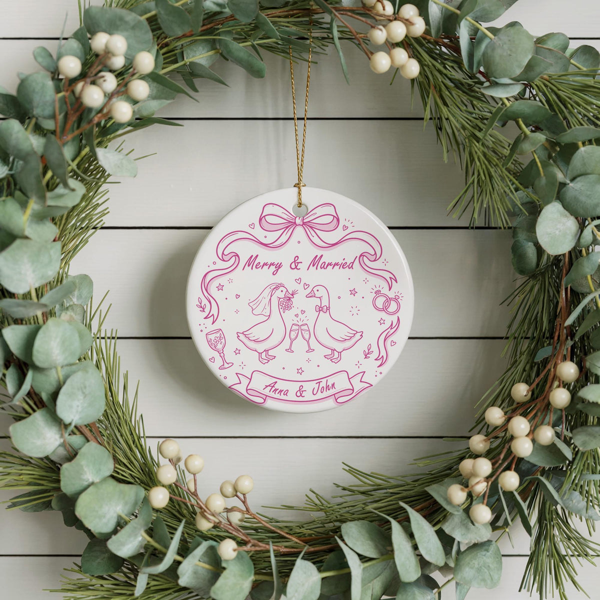 Custom Merry And Married Ornament, Wedding Date Anniversary Keepsake, Couple Goose Ornament