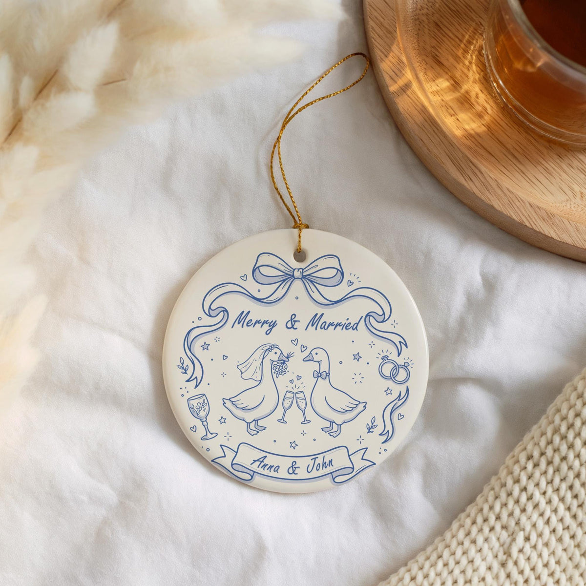 Custom Merry And Married Ornament, Wedding Date Anniversary Keepsake, Couple Goose Ornament