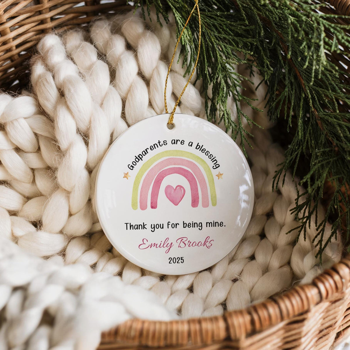 Custom Godparents Are a Blessing Ornament, Godparents Rainbow Ceramic Ornament