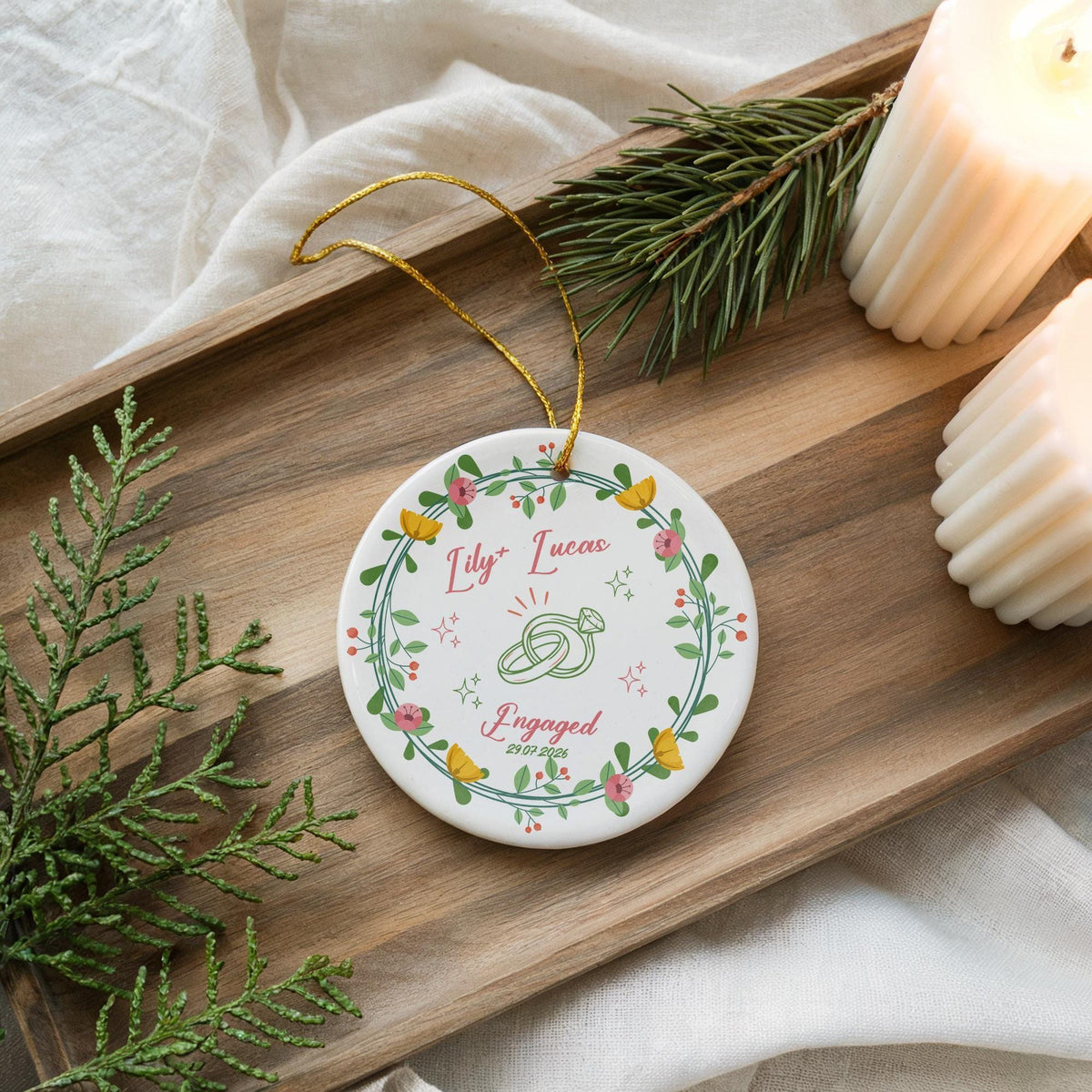 Personalized Engaged Ceramic Ornament, Custom Couple Initials Keepsake, Christmas Gift