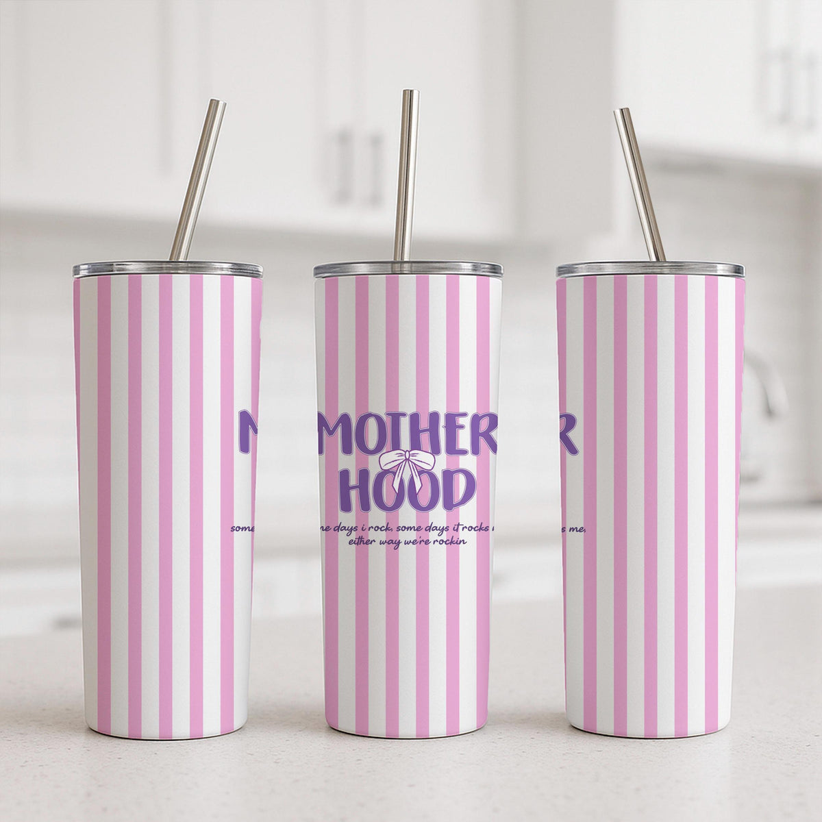 Motherhood Tumbler, Pink Stripes, Insulated Stainless Steel Travel Mug (20oz)