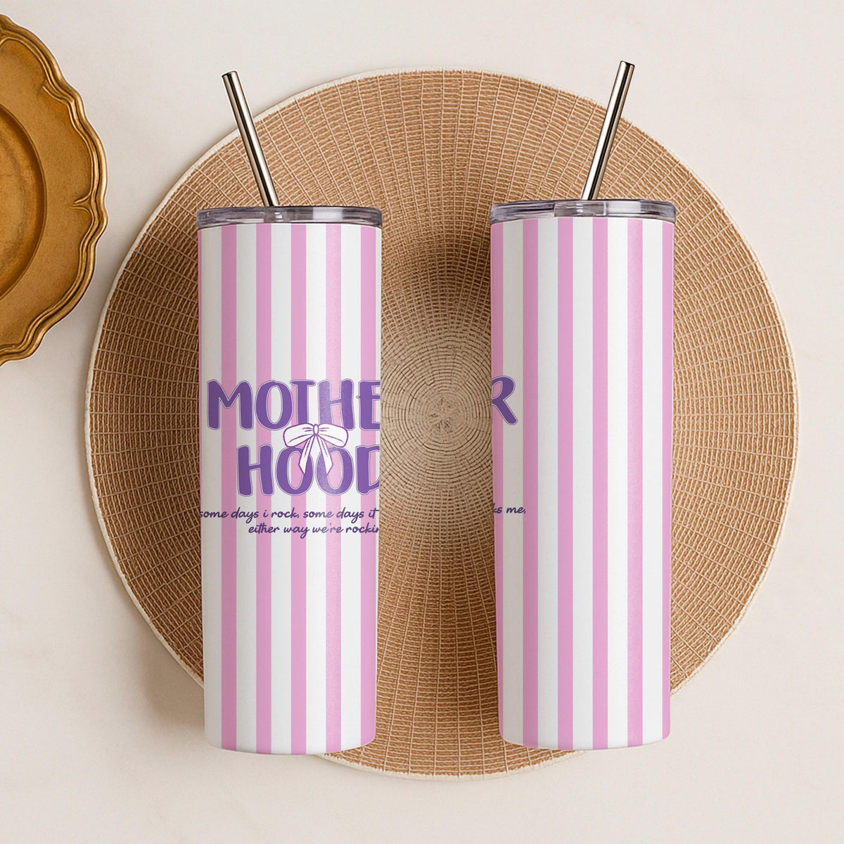 Motherhood Tumbler, Pink Stripes, Insulated Stainless Steel Travel Mug (20oz)