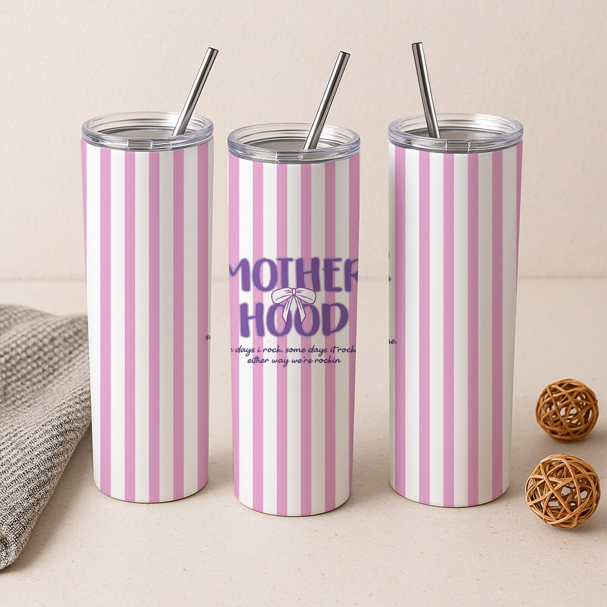 Motherhood Tumbler, Pink Stripes, Insulated Stainless Steel Travel Mug (20oz)