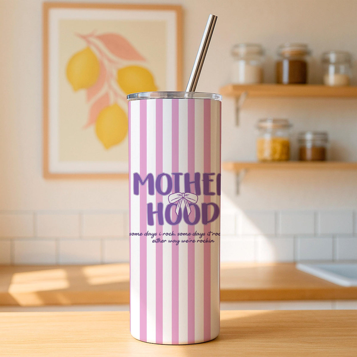 Motherhood Tumbler, Pink Stripes, Insulated Stainless Steel Travel Mug (20oz)