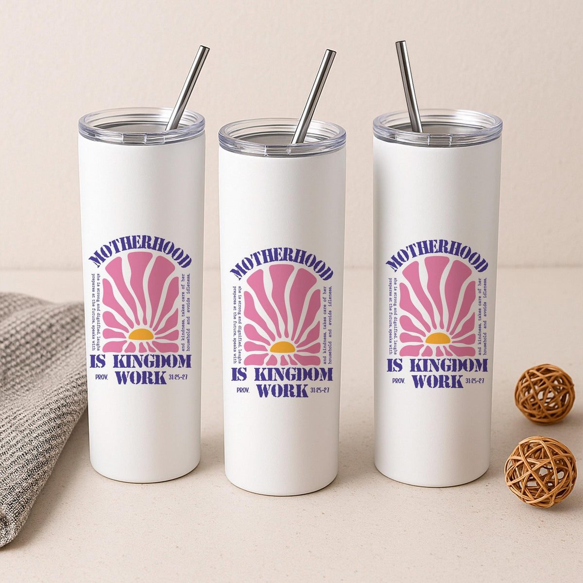 Motherhood Is Kingdom Work Tumbler, Christian Mom Coffee Cup, Proverbs 31:25 Faith Gift