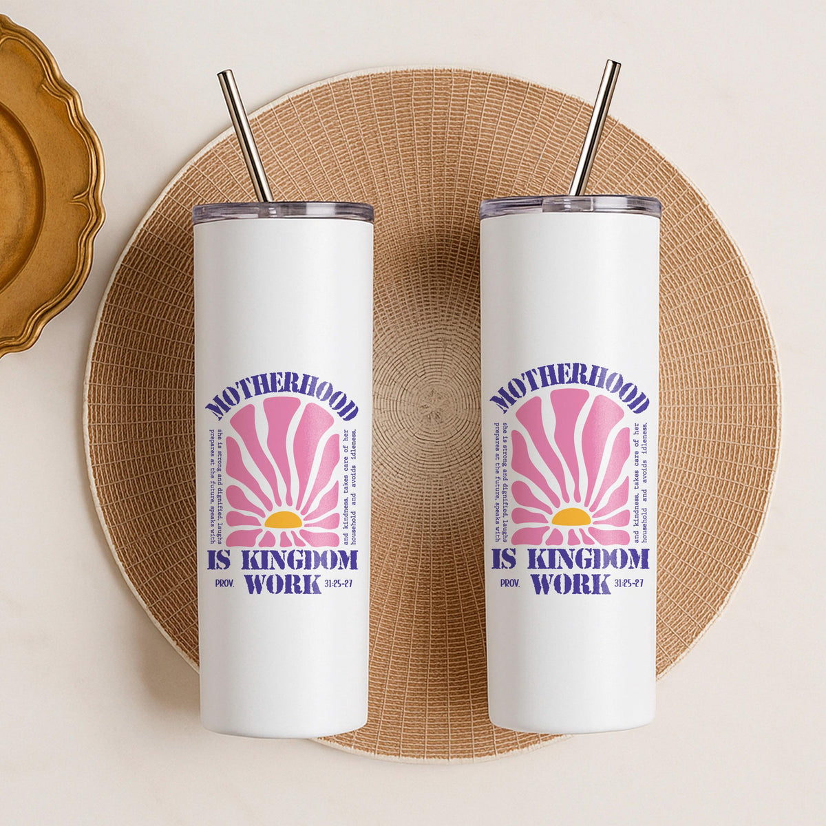 Motherhood Is Kingdom Work Tumbler, Christian Mom Coffee Cup, Proverbs 31:25 Faith Gift