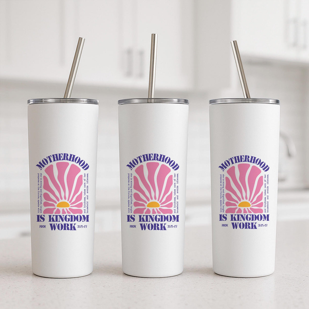 Motherhood Is Kingdom Work Tumbler, Christian Mom Coffee Cup, Proverbs 31:25 Faith Gift