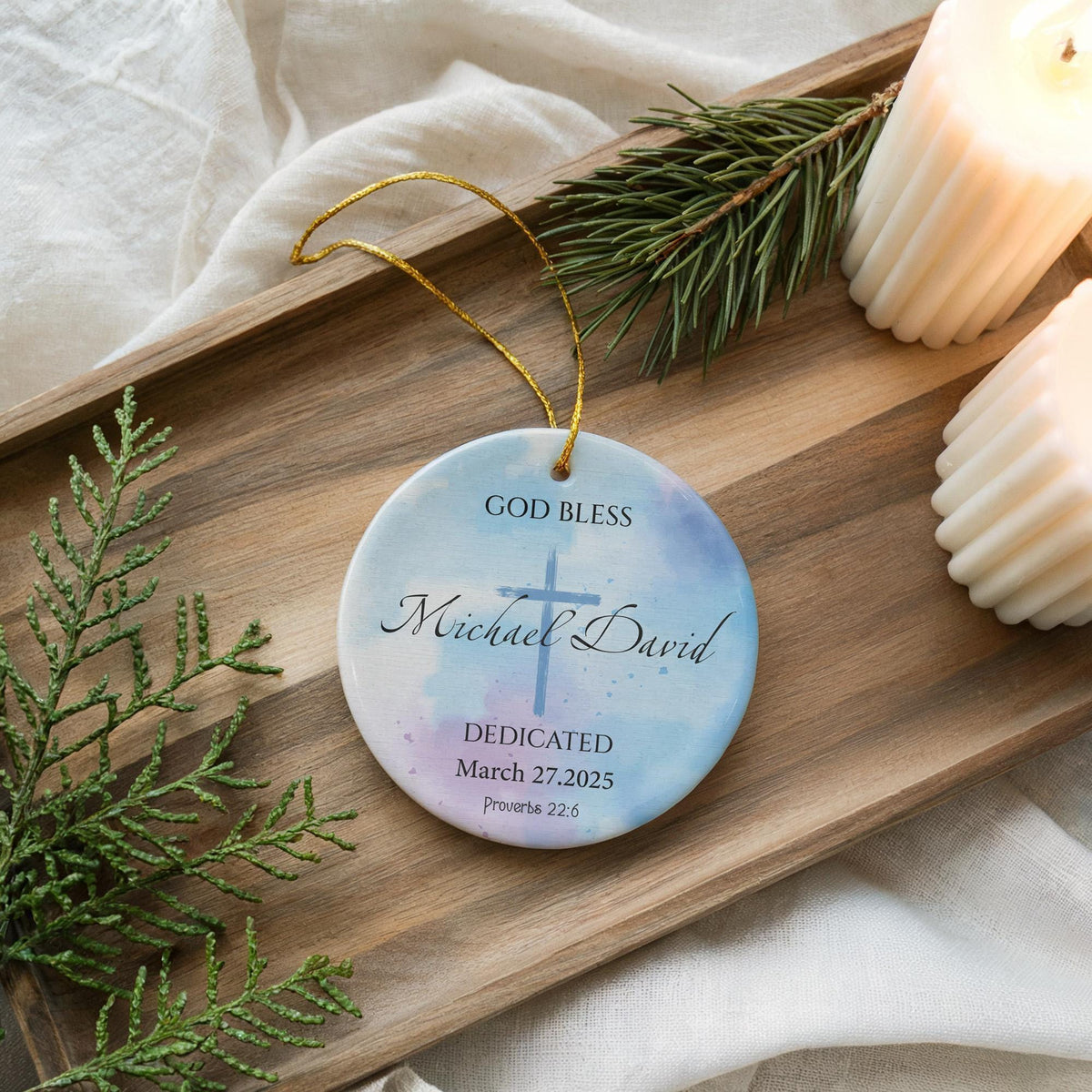 Personalized Ceramic Baptism Ornament, Custom Name Date Keepsake, Cross Dedication Gift
