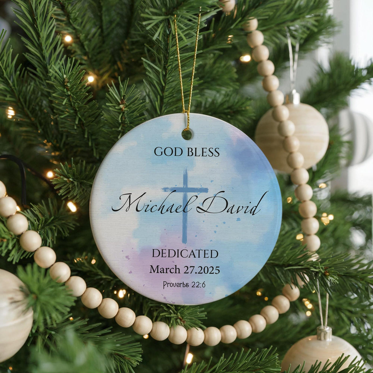 Personalized Ceramic Baptism Ornament, Custom Name Date Keepsake, Cross Dedication Gift