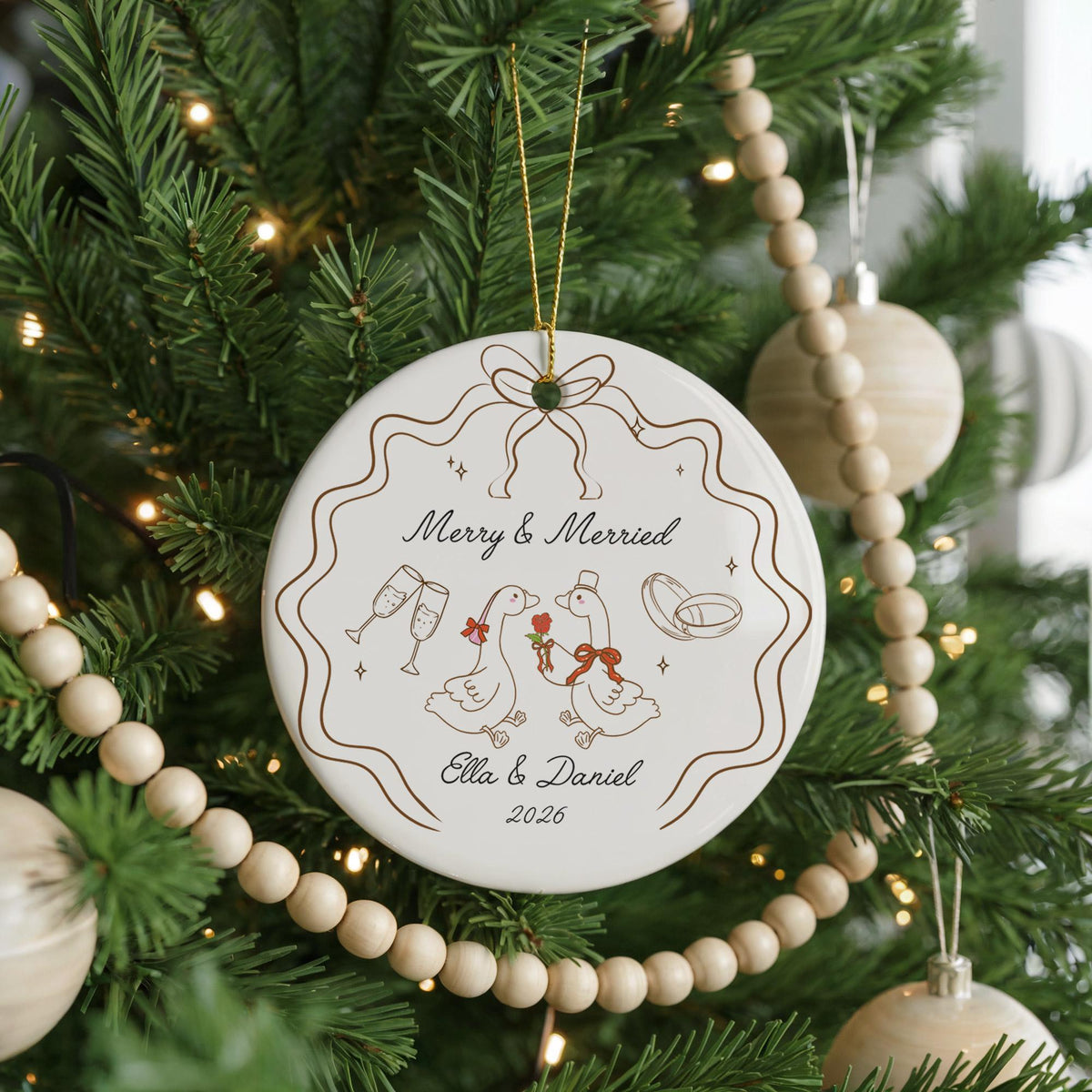 Personalized Ceramic Wedding Ornament, Custom Names Keepsake, Bride Groom Gift