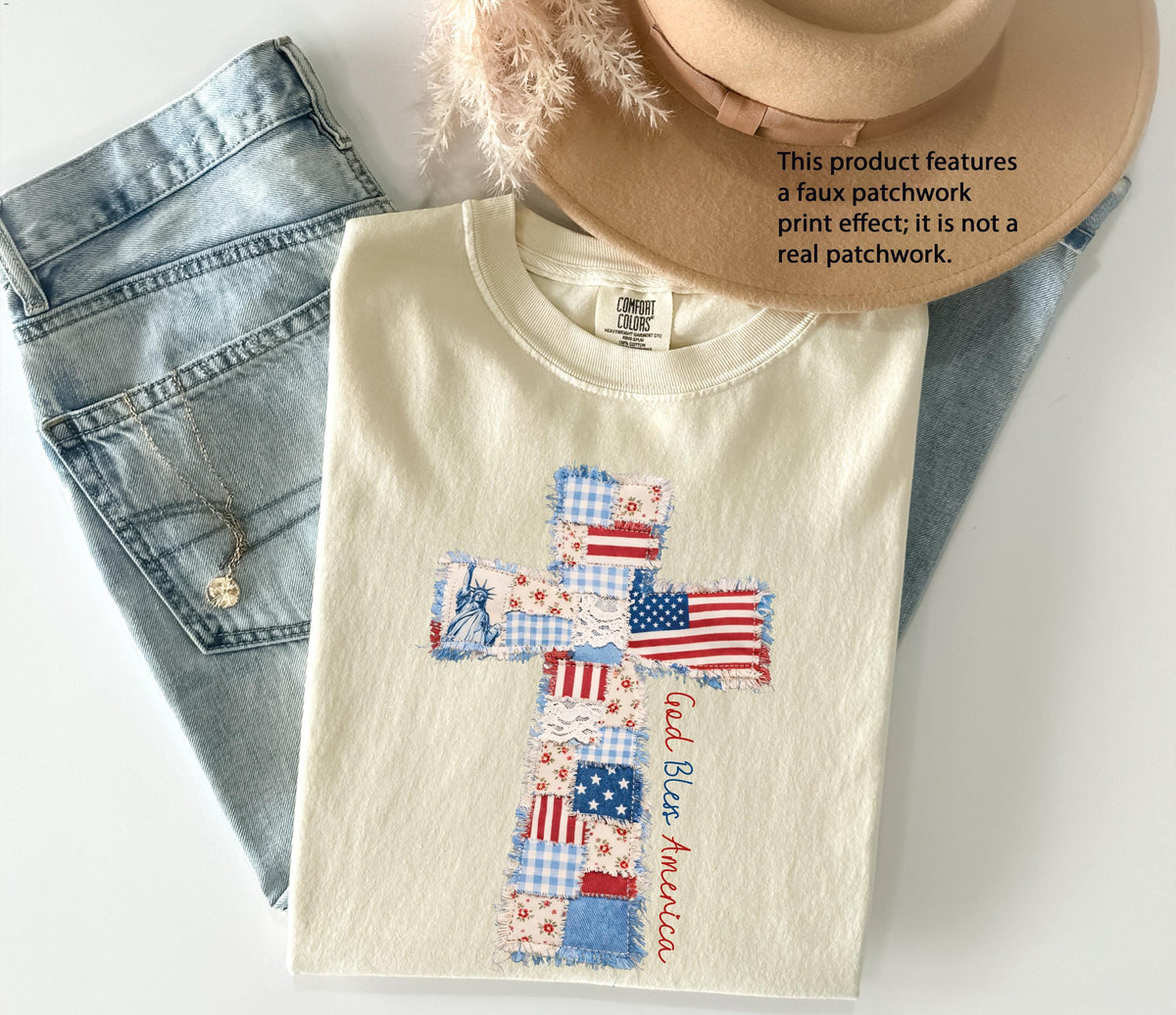 Faux Patchwork American Flag Cross Shirt
