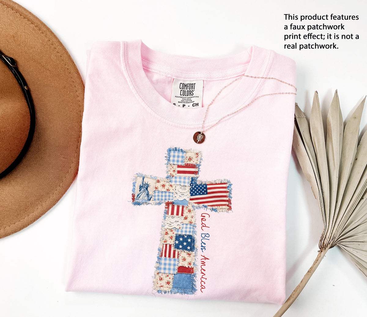 Faux Patchwork American Flag Cross Shirt