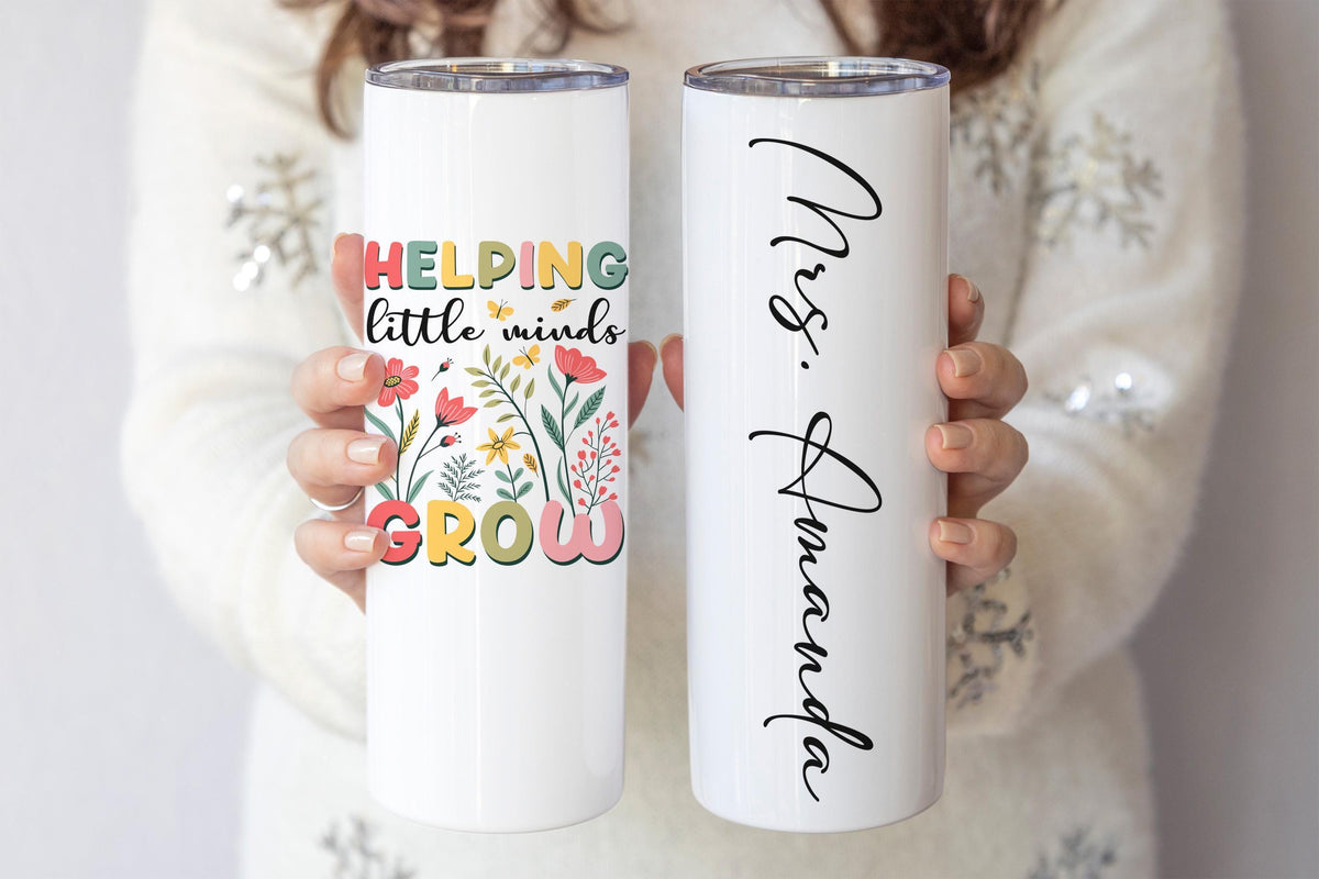 Custom Helping Little Minds Grow Floral Tumbler, Personalized Tumbler Gift for Teacher
