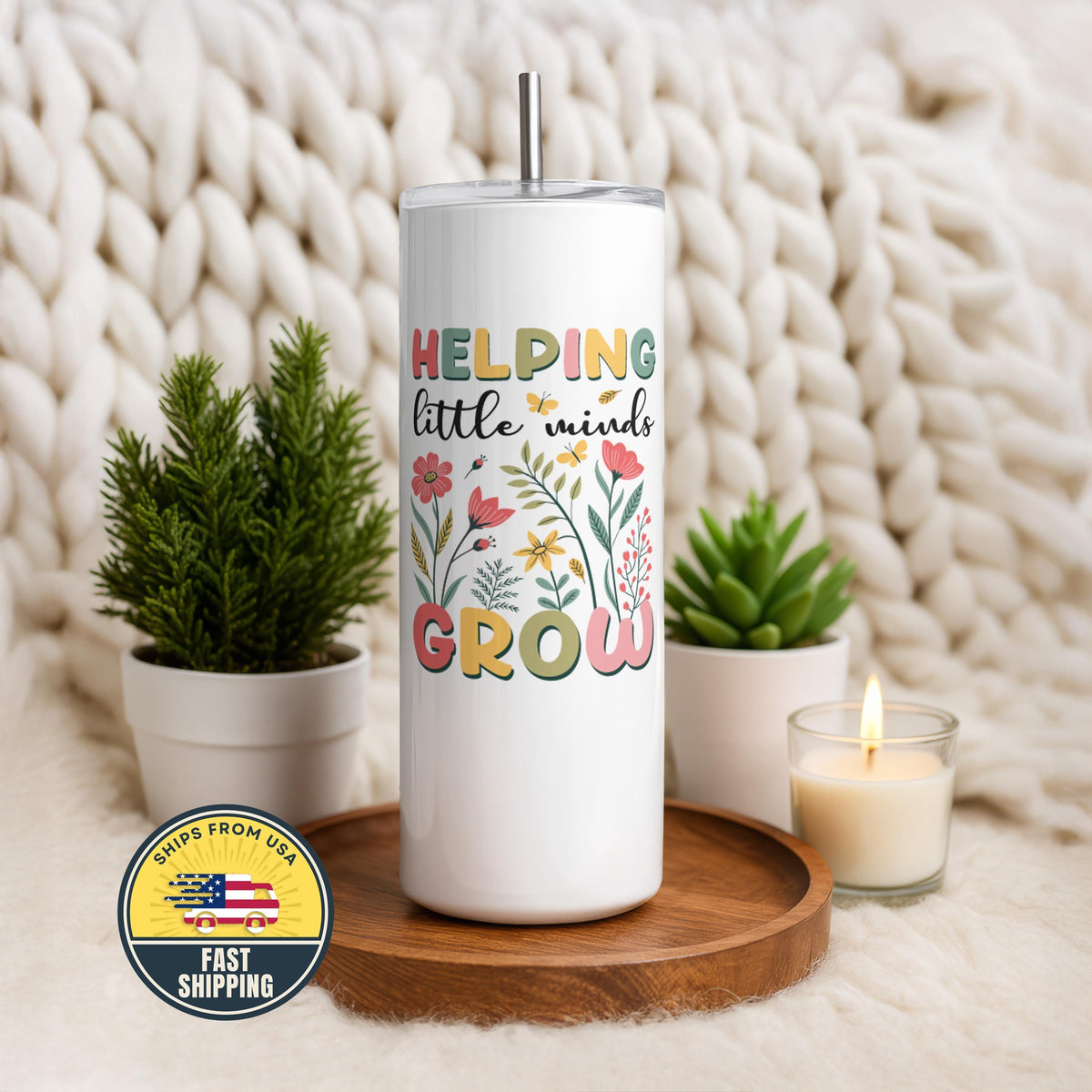 Custom Helping Little Minds Grow Floral Tumbler, Personalized Tumbler Gift for Teacher
