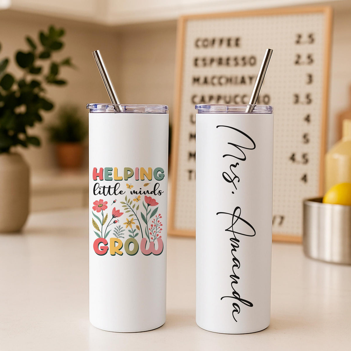 Custom Helping Little Minds Grow Floral Tumbler, Personalized Tumbler Gift for Teacher