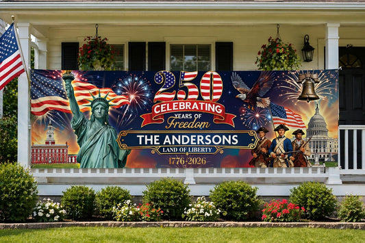 Custom Family Name Banner, 250 Years Freedom Sign, Patriotic Outdoor Decor (13/18 oz)