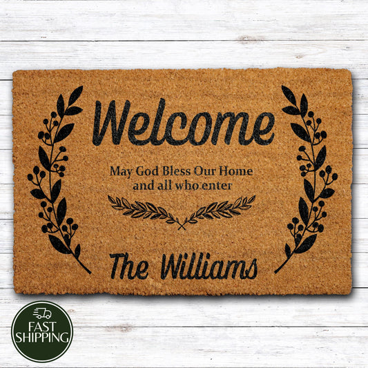Custom Family Name Religious Doormat, Personalized Christian Welcome Mat