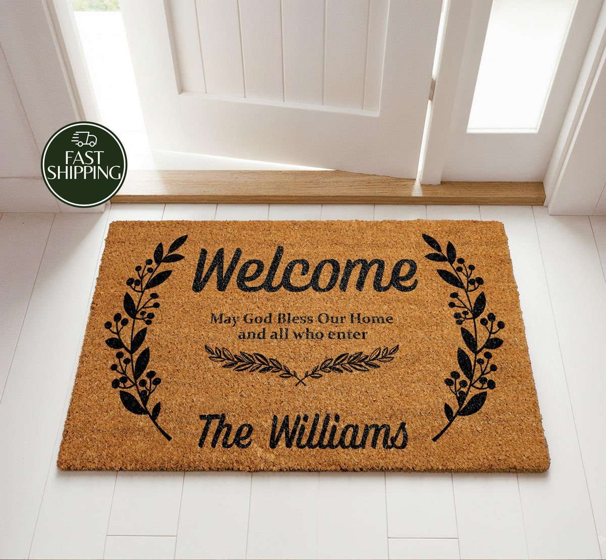 Custom Family Name Religious Doormat, Personalized Christian Welcome Mat