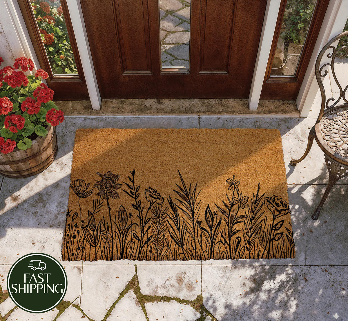 Line Art Flower Meadow Doormat, Minimalist Wildflower Entryway Mat