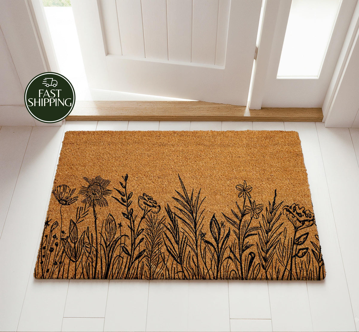 Line Art Flower Meadow Doormat, Minimalist Wildflower Entryway Mat
