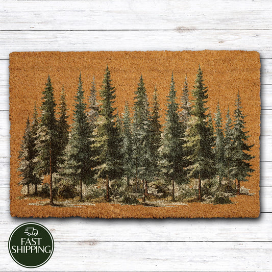 Pine Tree Forest Welcome Mat, Woodland Landscape Doormat, Rustic Cabin Decor