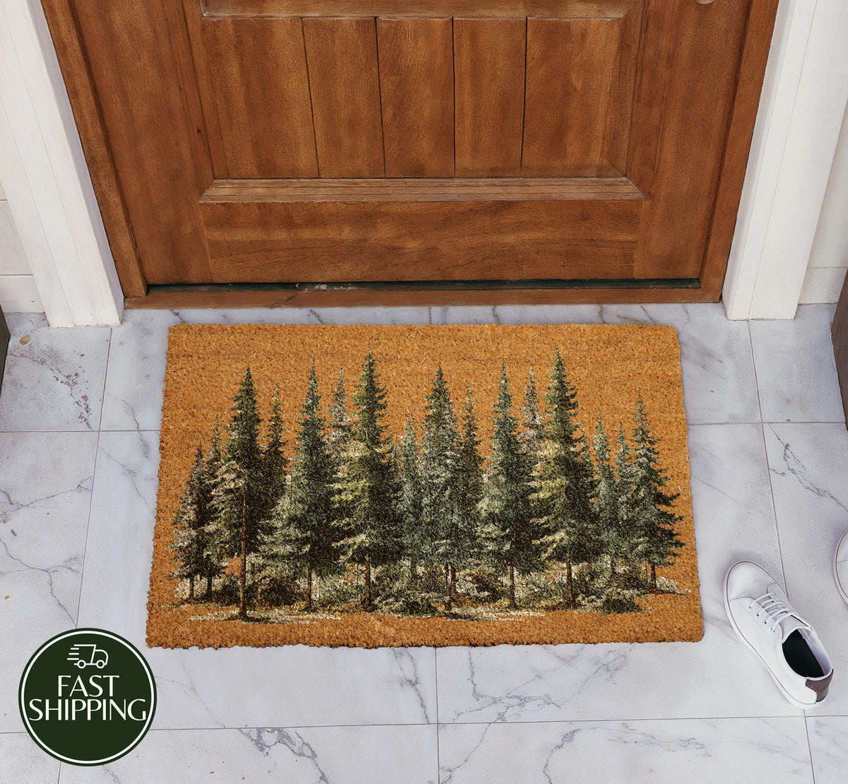 Pine Tree Forest Welcome Mat, Woodland Landscape Doormat, Rustic Cabin Decor