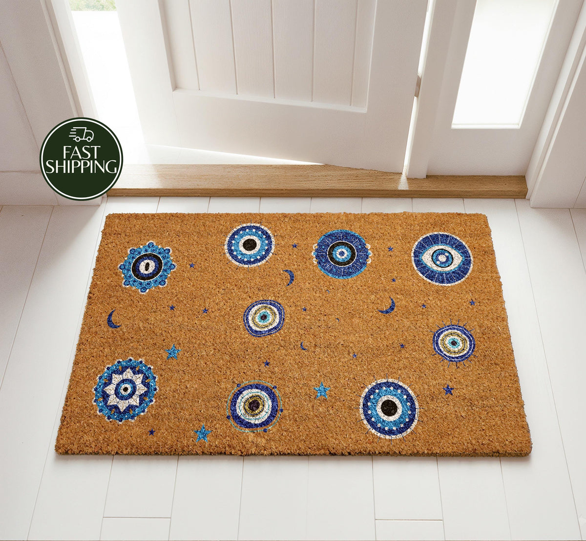 Evil Eye Design Protective Doormat, Spiritual Good Vibes Welcome Mat