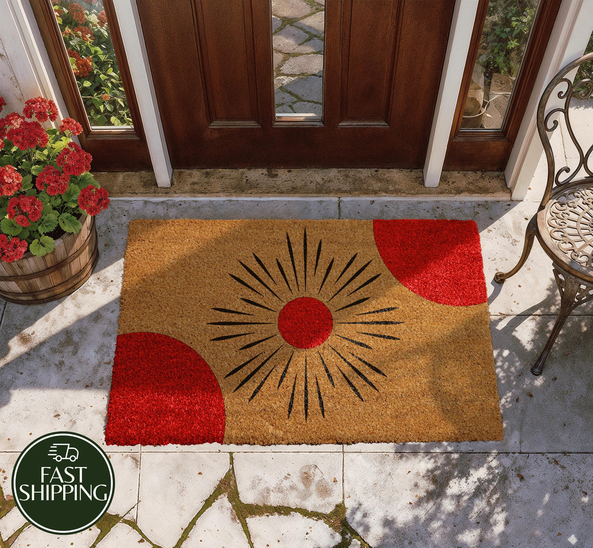 Modern Sunburst Welcome Mat, Abstract Sun Illustration Doormat