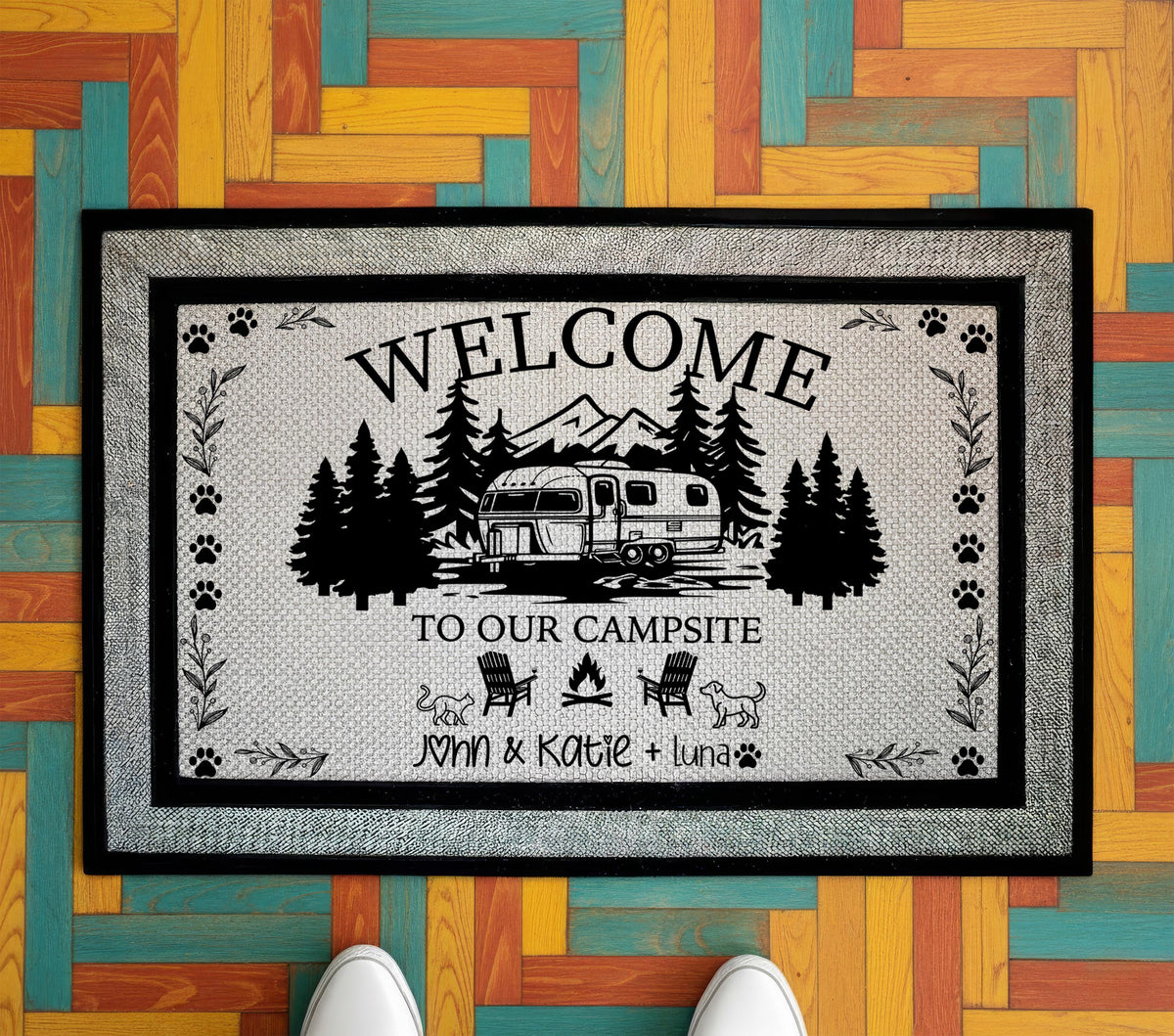 Welcome to Our Campsite Doormat, Custom Name Caravan Welcome Mat, Cat and Dog Lovers Camper Gift, Pet Owners Outdoor Camping Decor