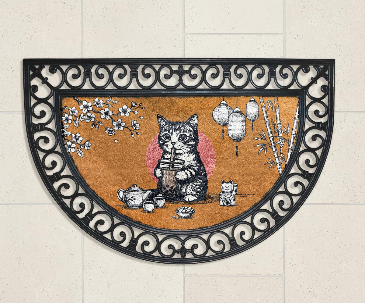 Japanese Cat Doormat, Cute Bubble Tea Boba Cat Welcome Mat, Funny Cats Lover Housewarming Gift, Spring Front Porch Decor, Entrance Coir Rug