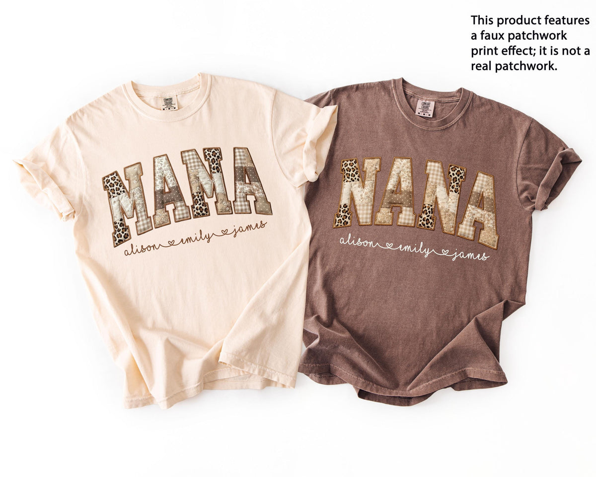 Comfort Colors® Faux Patchwork Mama T-Shirt, Leopard Nana Gigi Tee, Custom Mother's Day Gift, Mama with Kids Names Tee