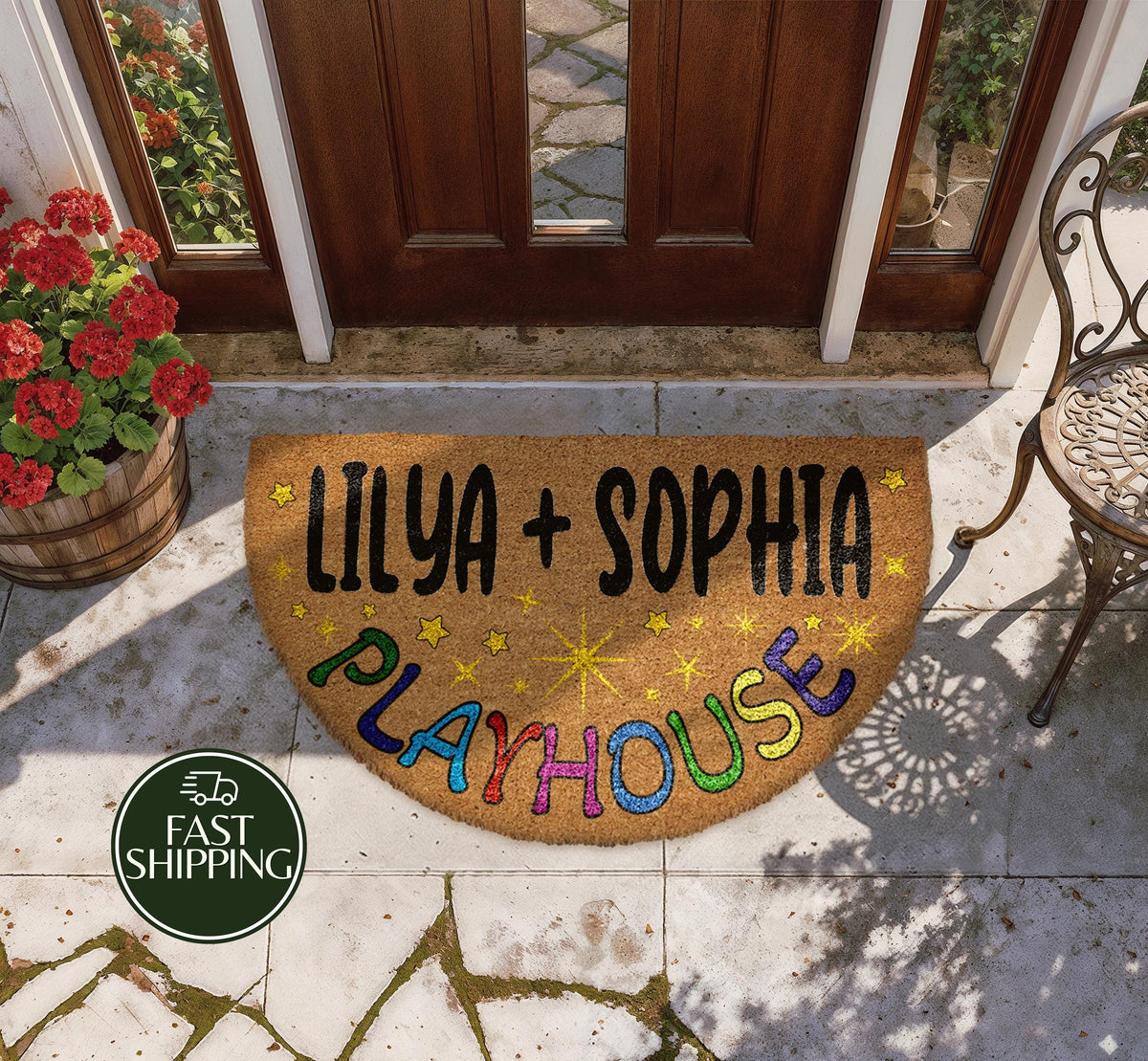 Custom Name Playhouse Welcome Mat, Personalized Kids Playroom Semi Circle Doormat