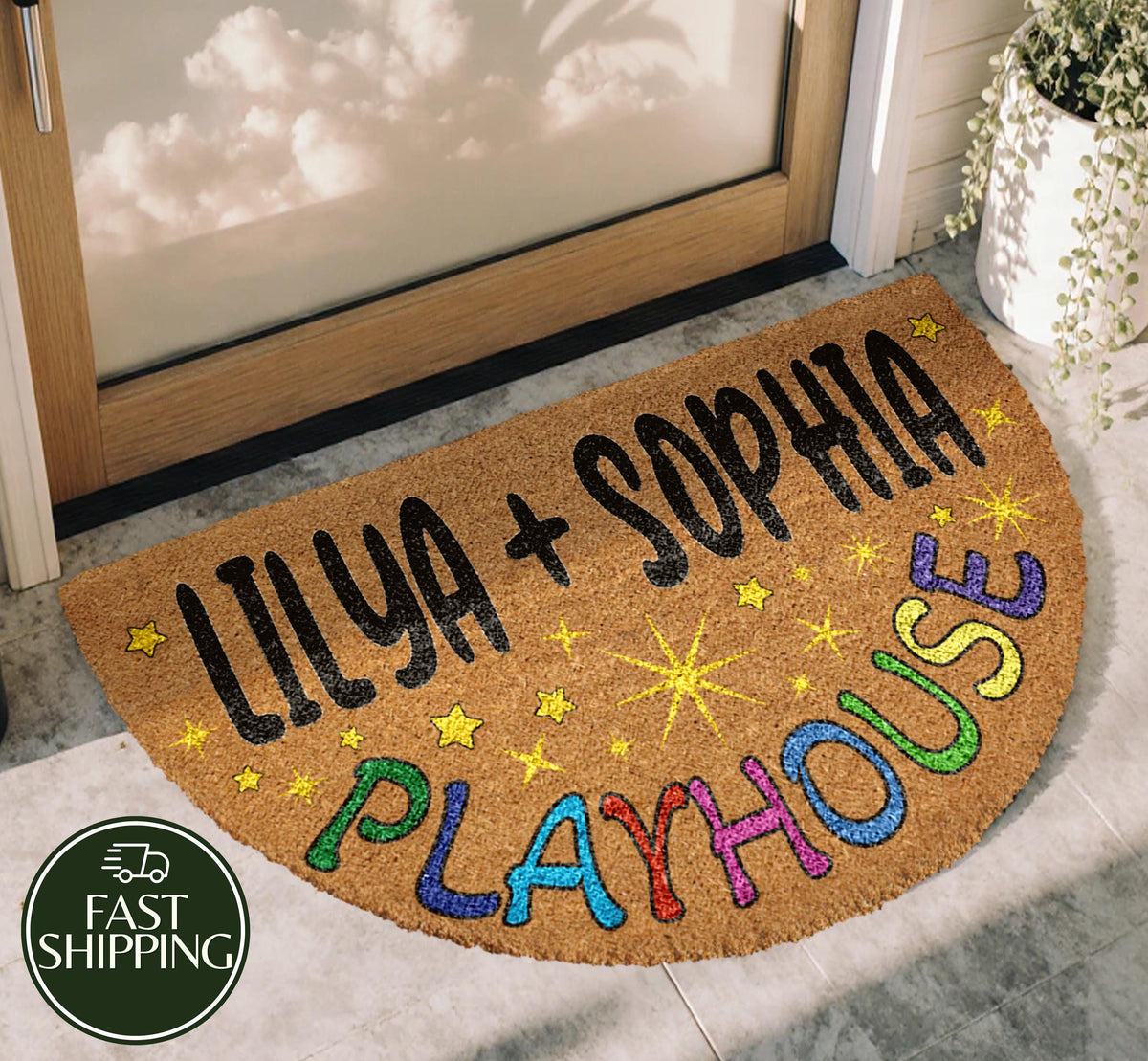 Custom Name Playhouse Welcome Mat, Personalized Kids Playroom Semi Circle Doormat