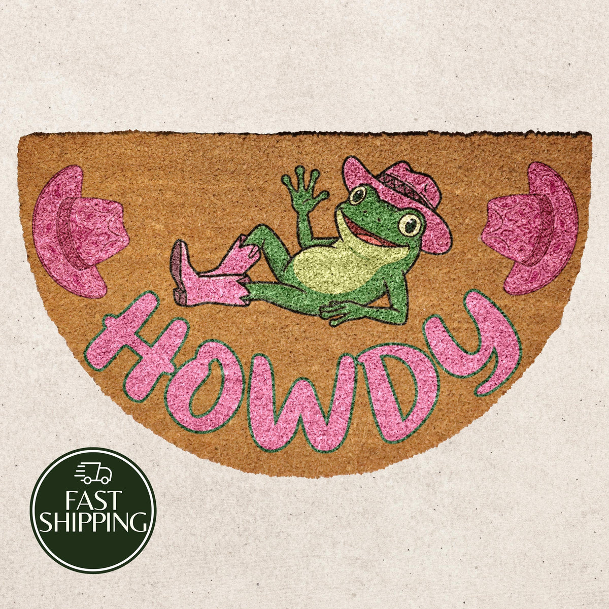 Pink Howdy Welcome Mat, Cowboy Hat Frog Semi Circle Doormat, Funny Western Housewarming Gift