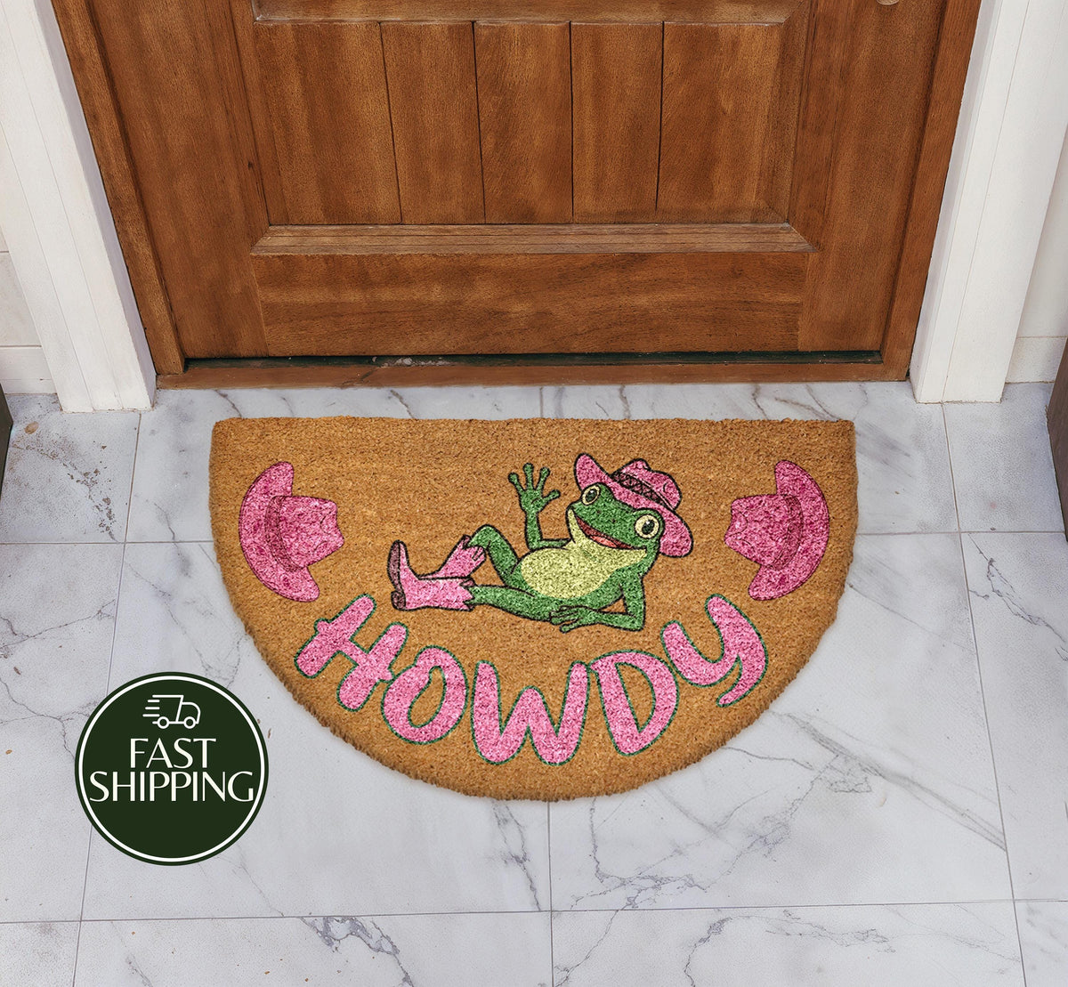 Pink Howdy Welcome Mat, Cowboy Hat Frog Semi Circle Doormat, Funny Western Housewarming Gift