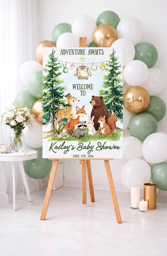Safari Baby Shower Welcome Sign, Woodland Animals, Adventure Awaits Foam Board