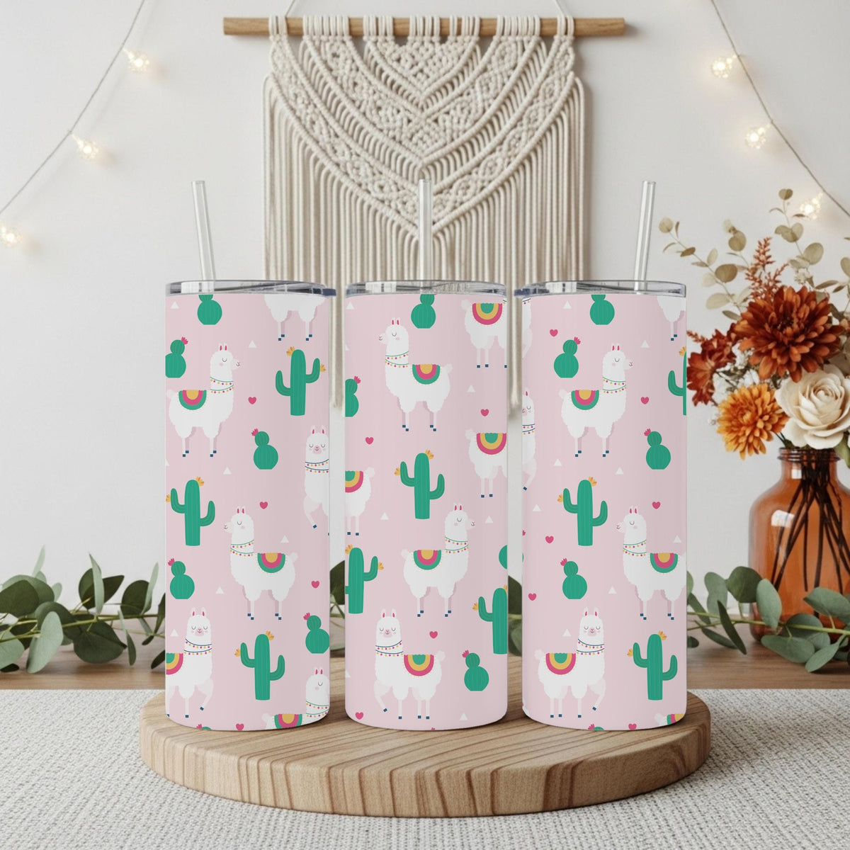 Llama and Cactus Tumbler With Straw, Pink Alpaca Pattern Coffee Cup, Trendy Travel Gift For Her